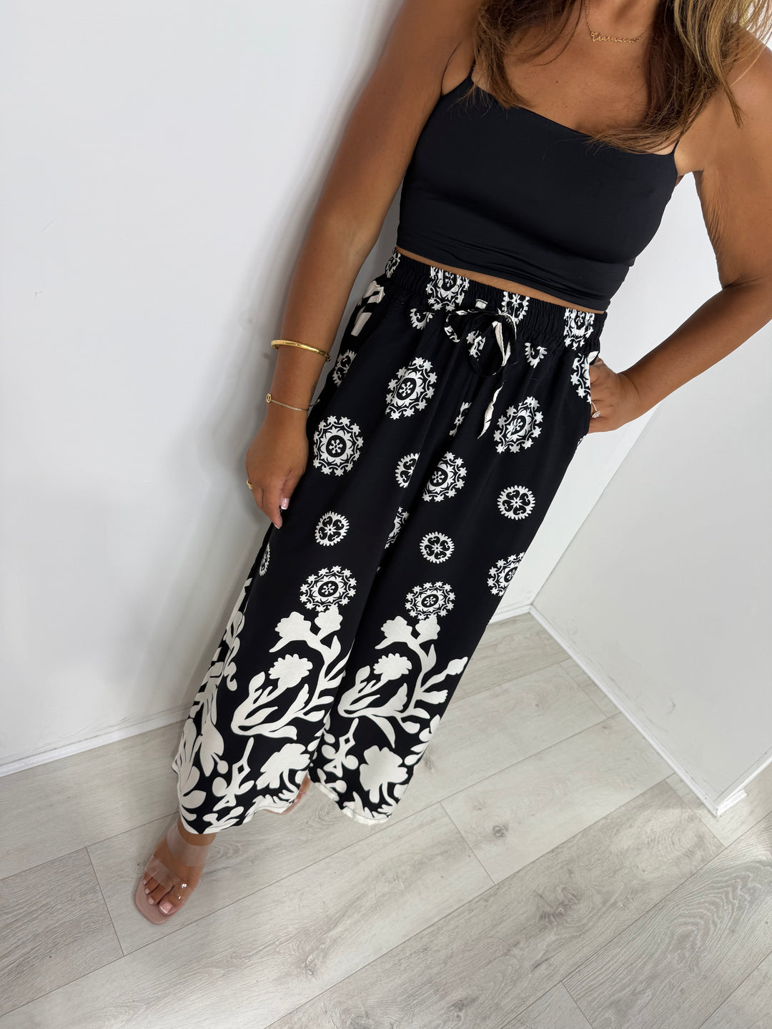 Black/White Drawstring Printed Trousers