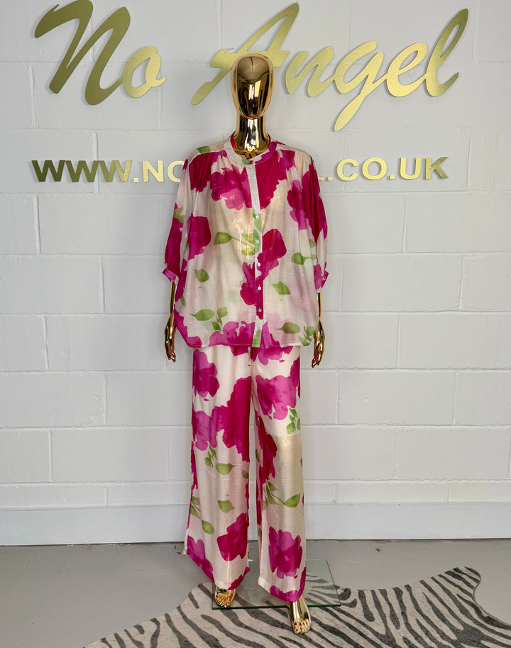 Fuchsia & Green Flower Detail Button Up Blouse & Trouser Co-ord