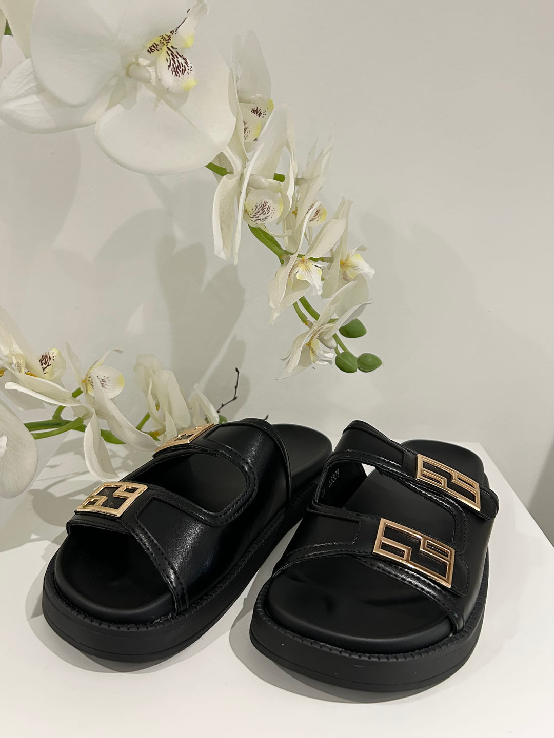 Black Double Gold Buckle Sliders