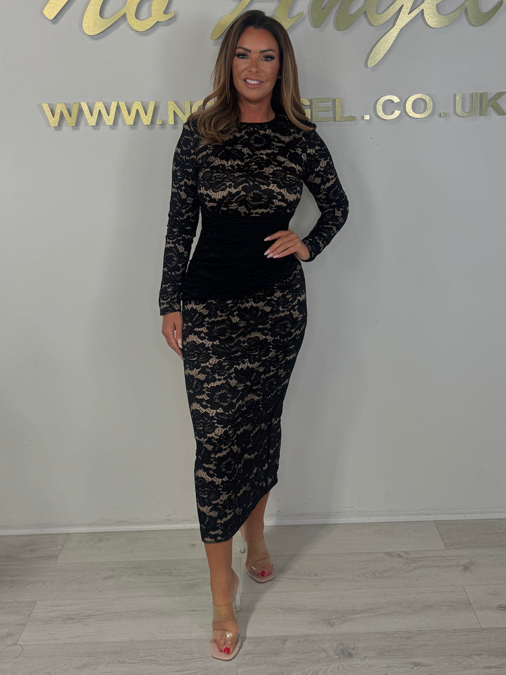 Black Lace Detail Neutral Underlay Long Sleeve Dress