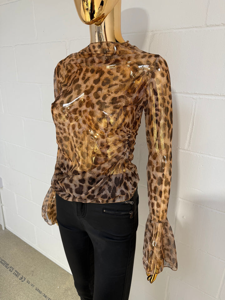 Leopard Mesh Bell Sleeve Top