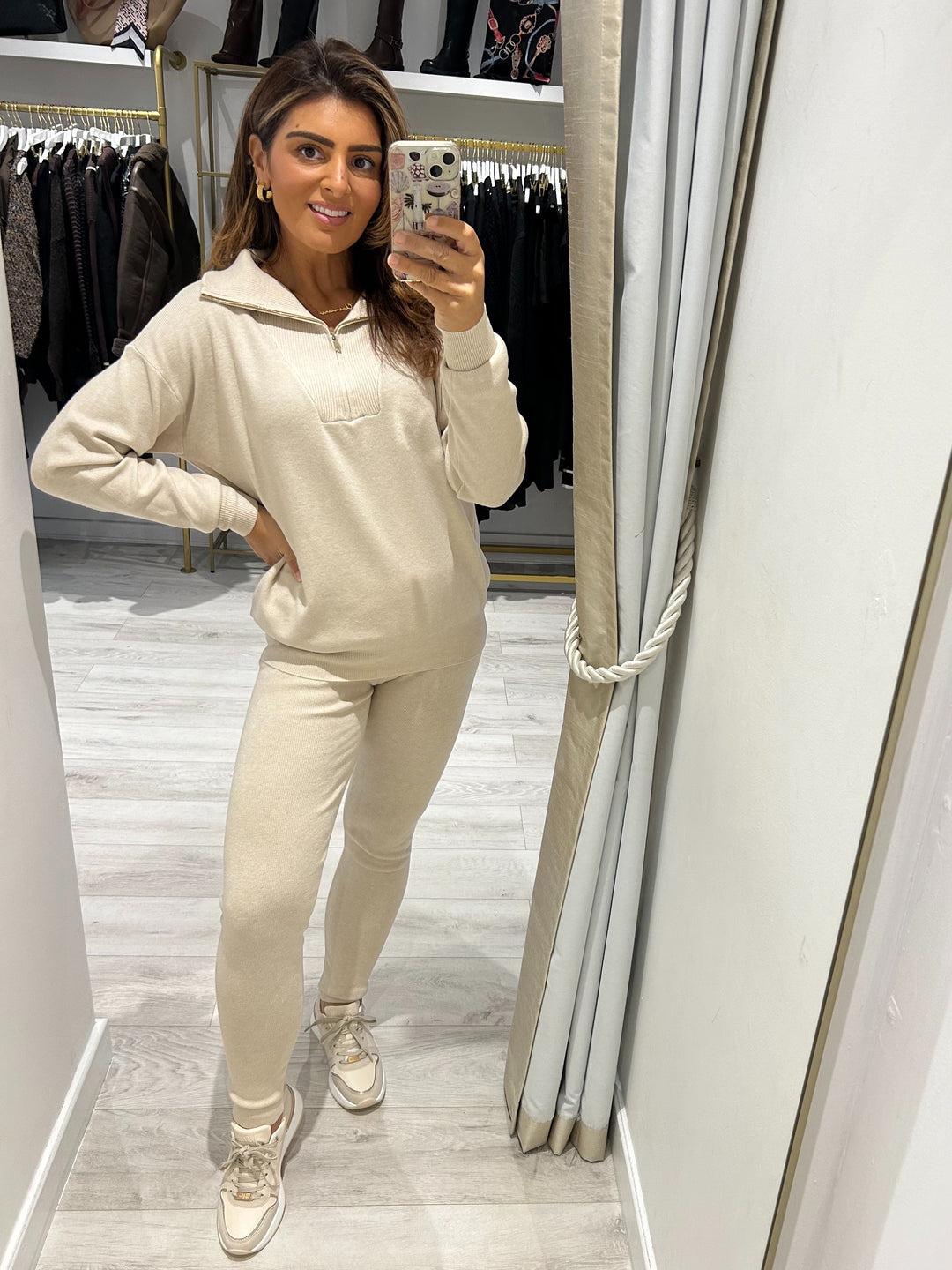Beige Soft Knit Quarter Zip Legging Co-Ord
