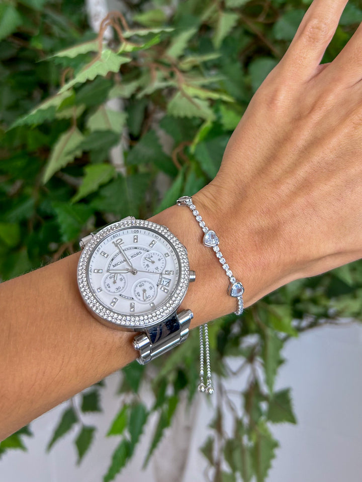 Silver Delicate Adjustable Diamante Bracelet With Heart Stone Gems