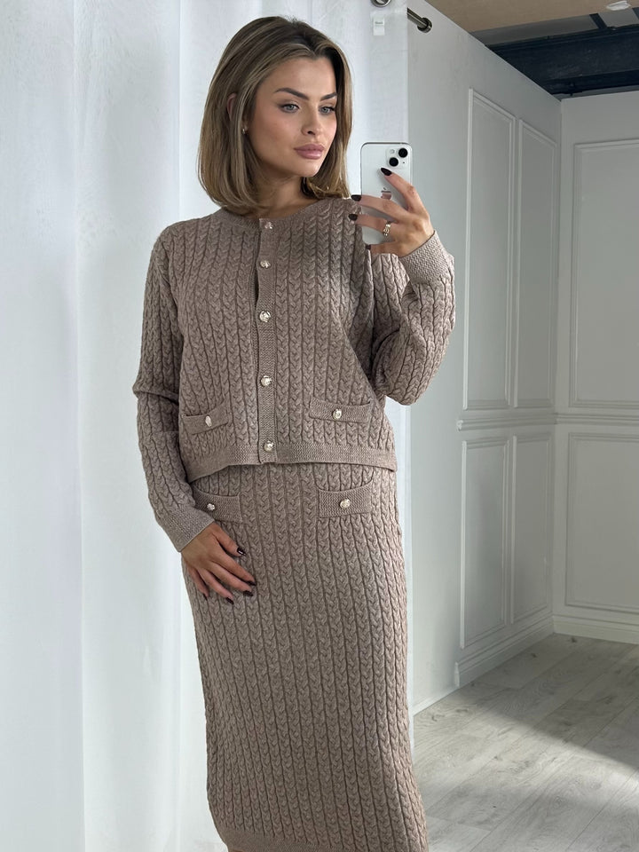 Cable Knit Gold Button Up Cardigan & Midi Skirt Co-Ord (4 Colours)