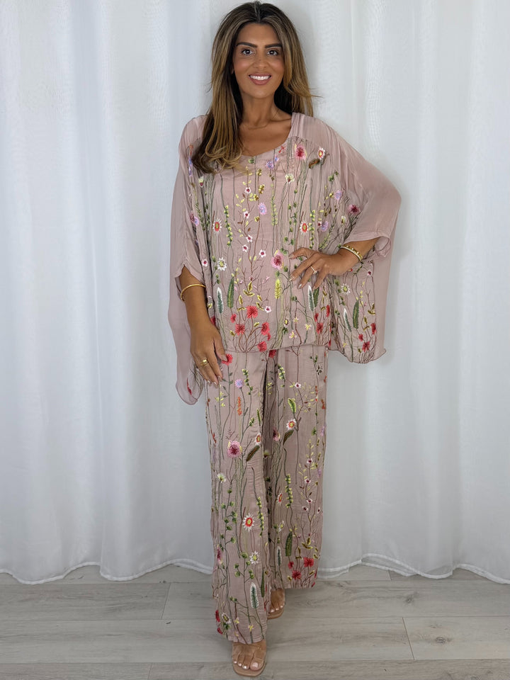 Flower Embroidered Silk Top And Trouser Co-Ord (2 Colours)