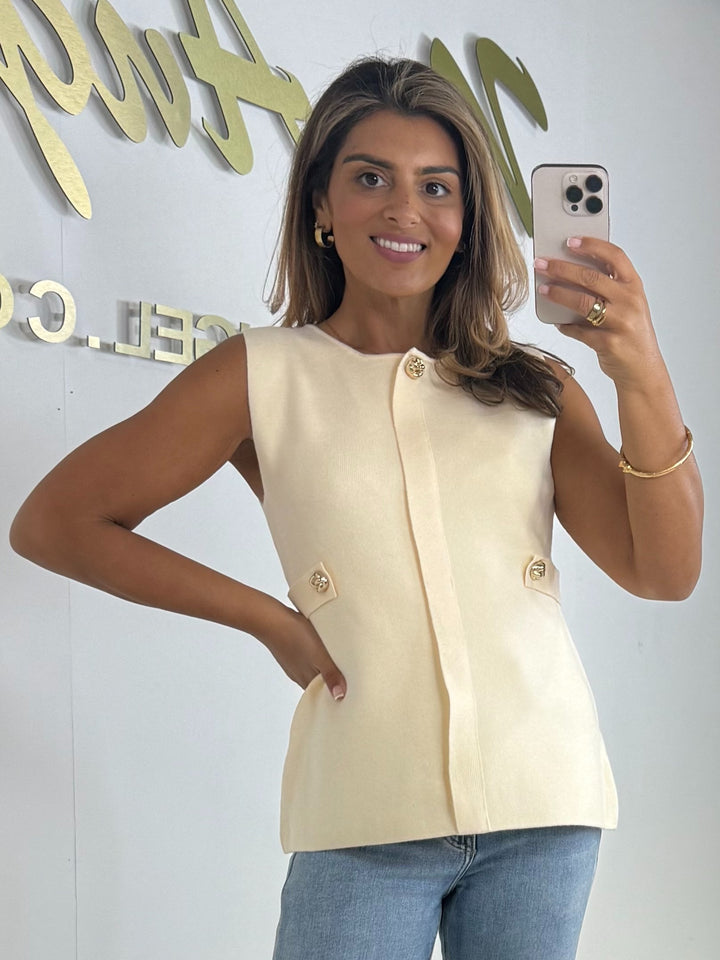 Round Neck Sleeveless Gold Button Detail Soft Knit Jumper (2 Colours)