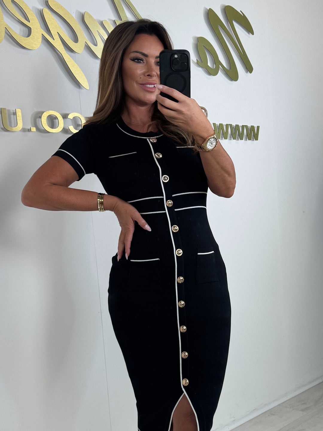 black and white dress with gold buttons BLACK AND WHITE BANDAGE DRESS WITH GOLD BUTTONS