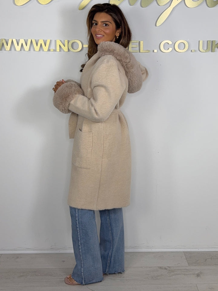 Faux Fur Trim Hooded , Belted Jacket (3 Colours)