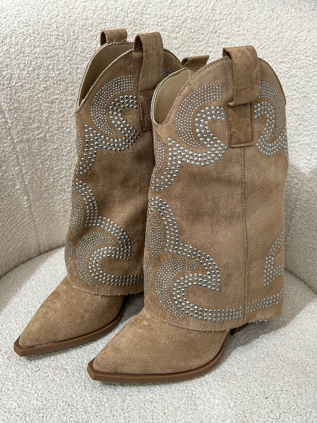 Camel Studded Fold Over Cowboy Boot