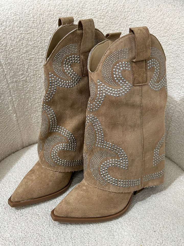 Camel Studded Fold Over Cowboy Boot