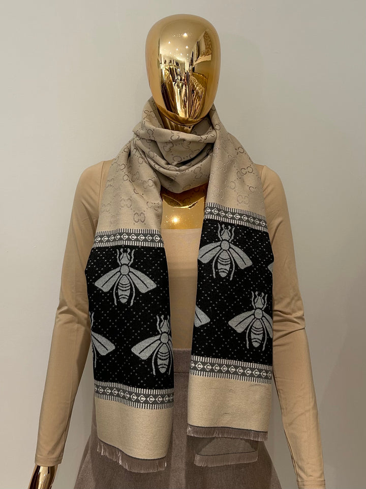 Reversible Bee Print Border Design Frayed Edge Scarf (2 Colours)