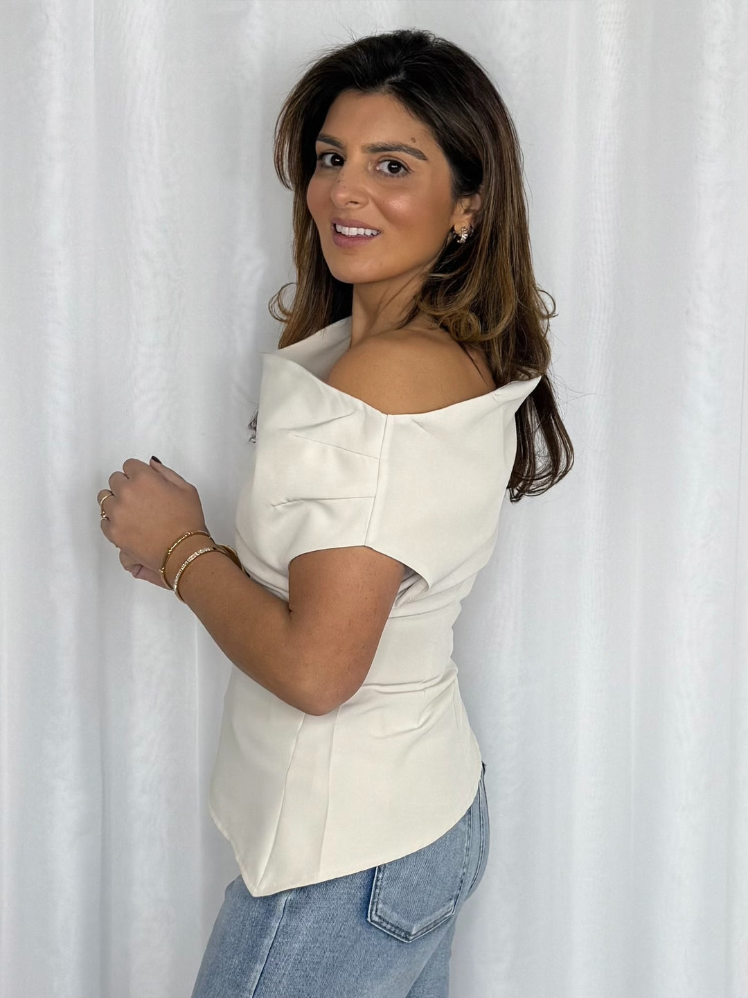 Fitted Off The Shoulder Pleated Detail Top (5 Colours)