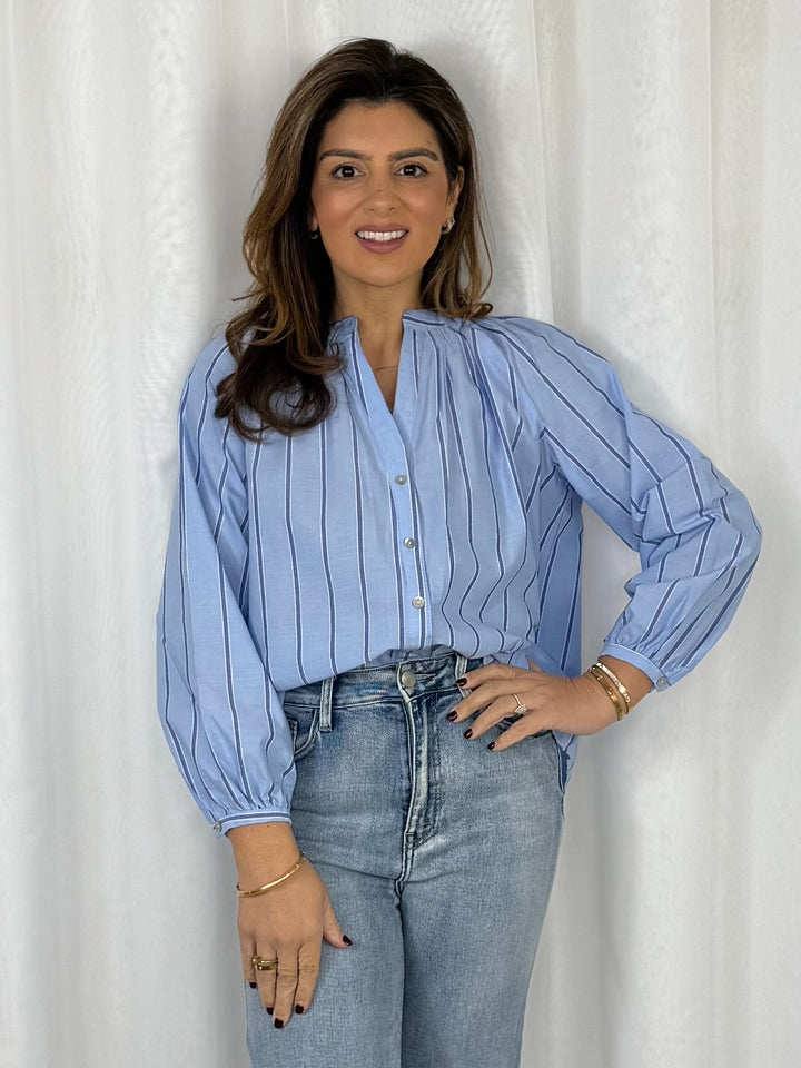 Grandad Collar Stripe Balloon Sleeve Shirt (2 Colours)