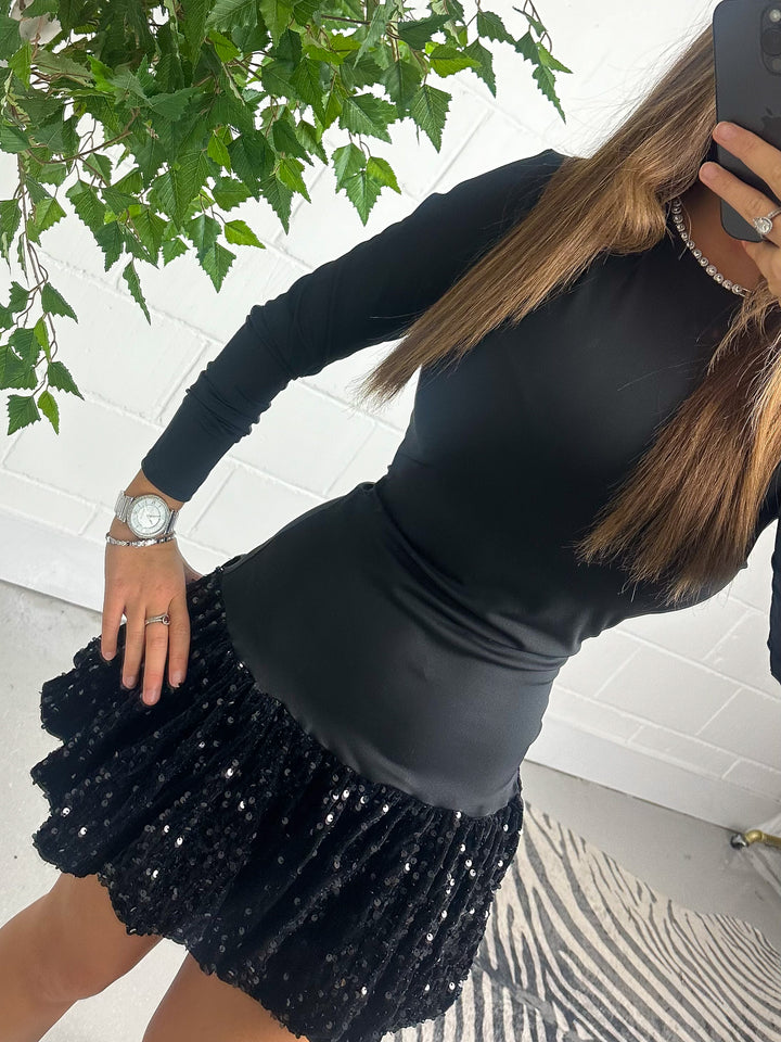 Long Sleeve Sequin Bottom Puff Ball Dress (2 Colours)