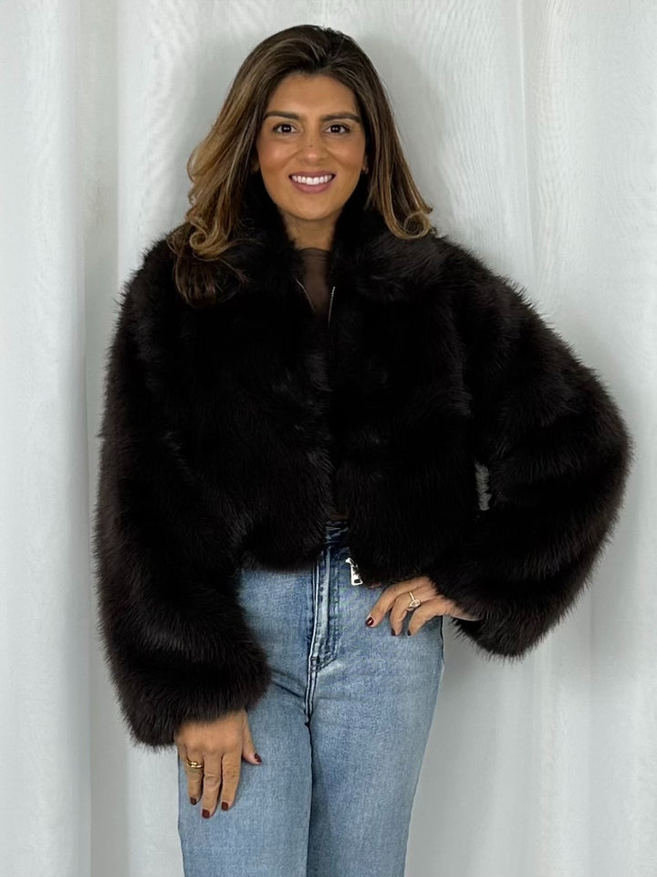Zip Up Faux Fur Collared Cropped Jacket (2 Colours)