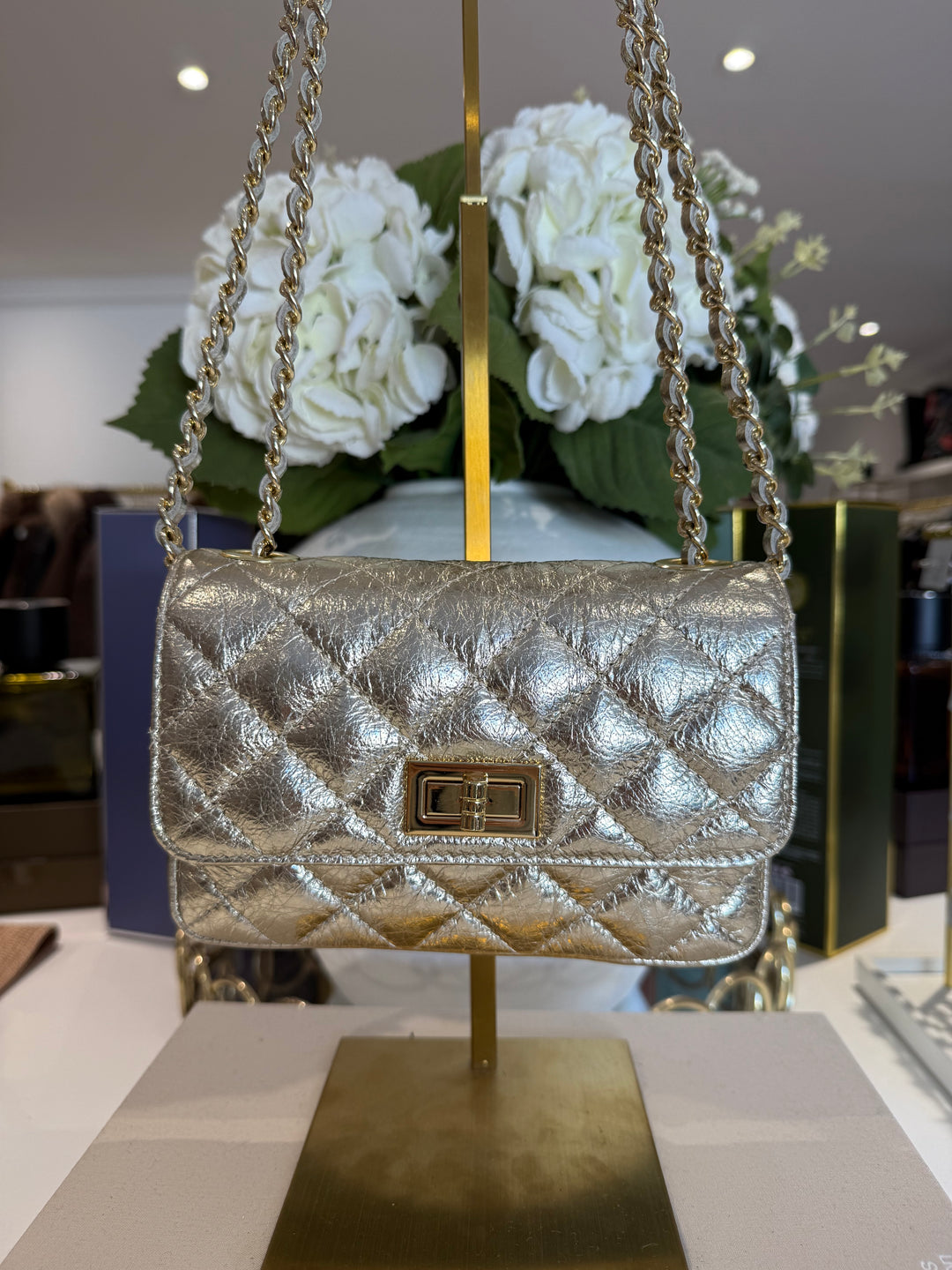 Genuine Leather Quilted Turn Lock Chain Handle Handbag (8 Colours)