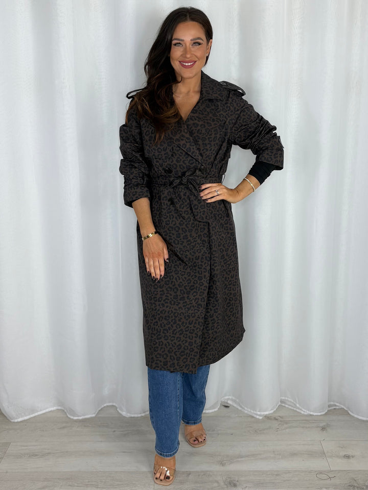 Leopard Print Belted Trench Coat