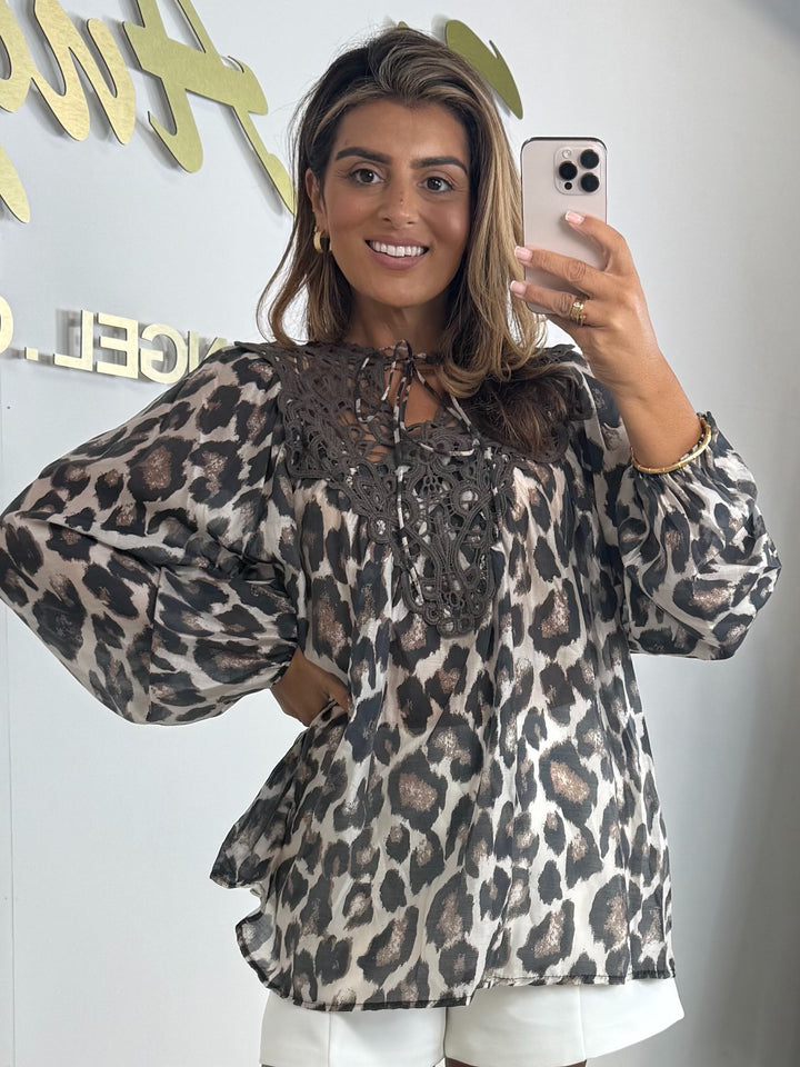 Leopard Balloon Sleeve Crochet Detail Oversize Blouse