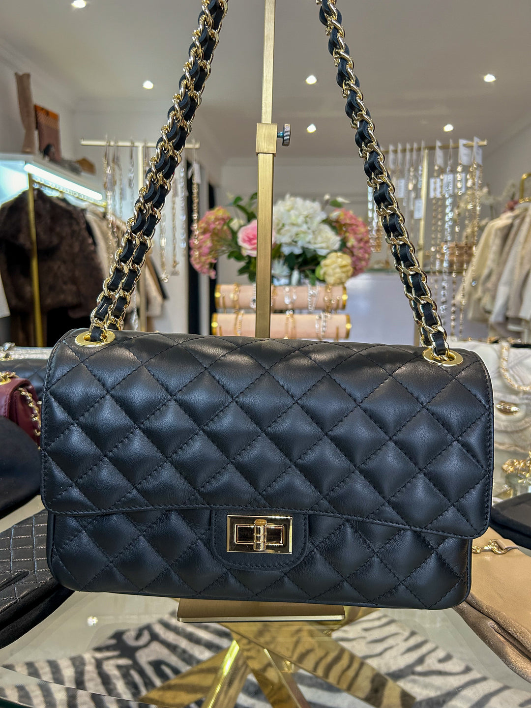 Large Genuine Leather Quilted Turn Lock Chain Handle Handbag (2 Colours)
