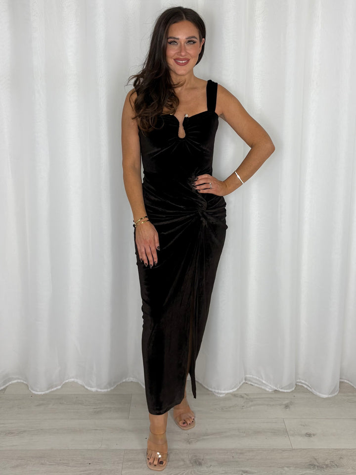 Gold Detail Ruched Velvet Maxi Dress