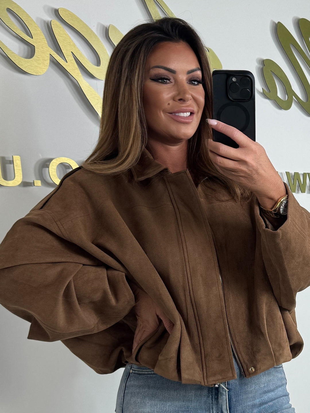 Camel Faux Suede Zip Up Collared Balloon Jacket