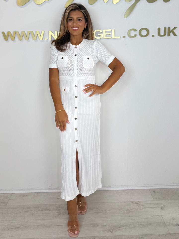 Button Short Sleeve Knitted Front Split Maxi Dress (2 Colours)