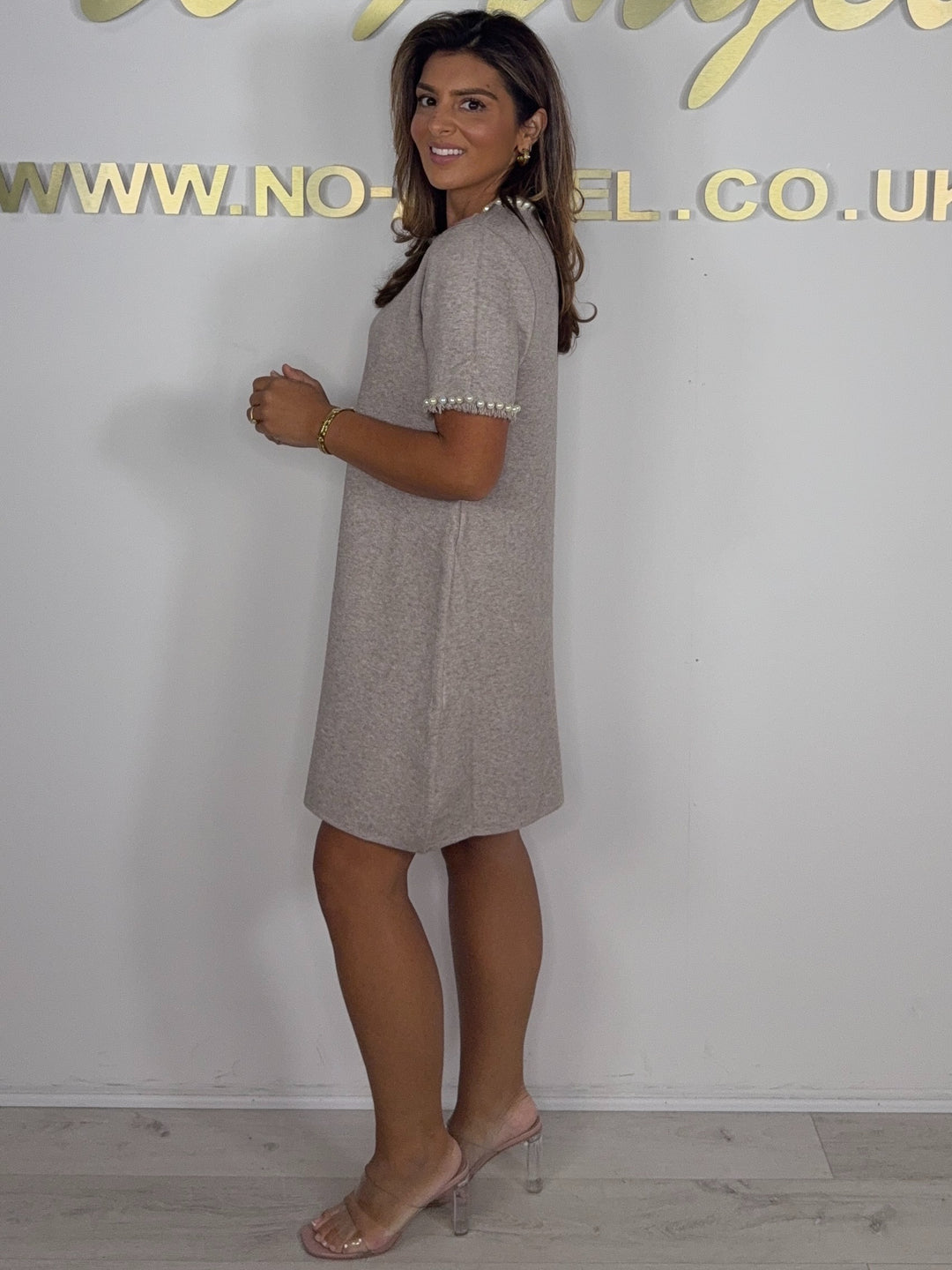 Soft Knit Pearl Trim Raw Edge Short Sleeve Dress (3 Colours)