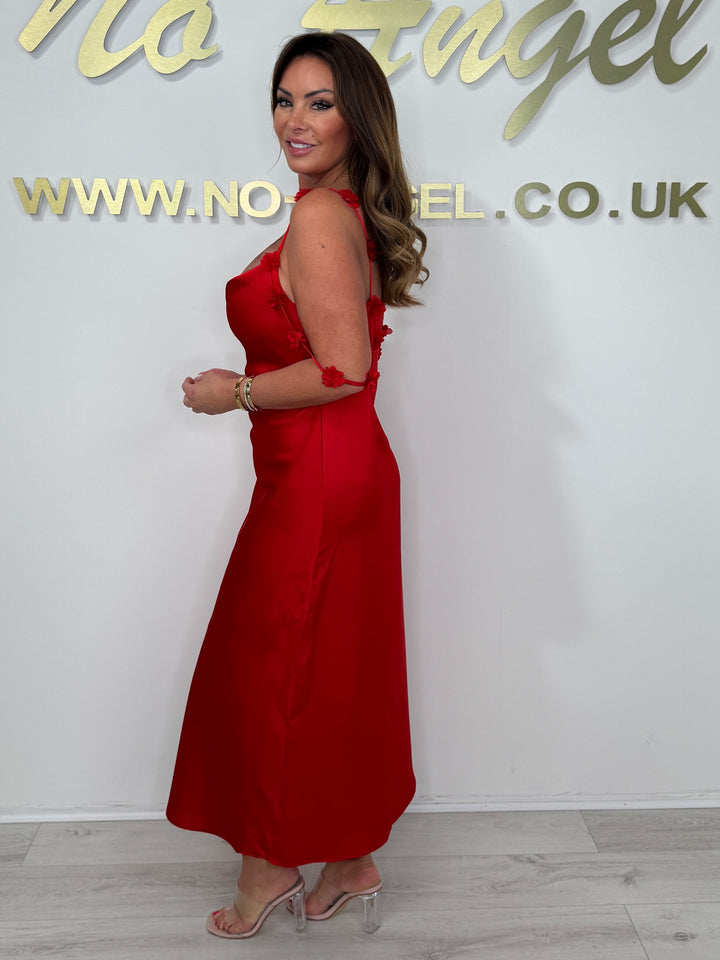 Red Flower Strap Detail Cowl Neck Midi Dress
