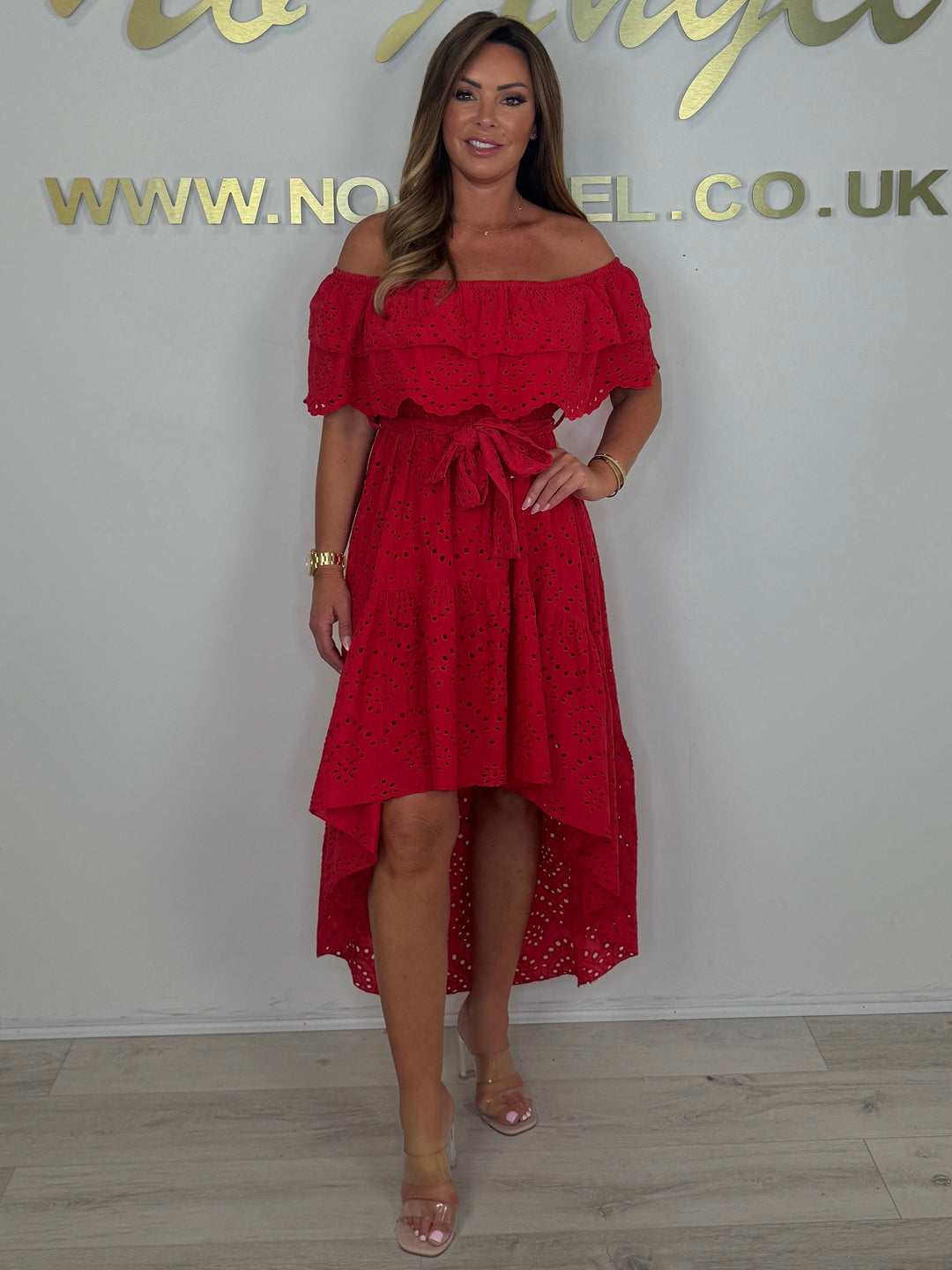 Embroidered Anglaise Laser Cut Bardot High Low Belted Dress (3 Colours)