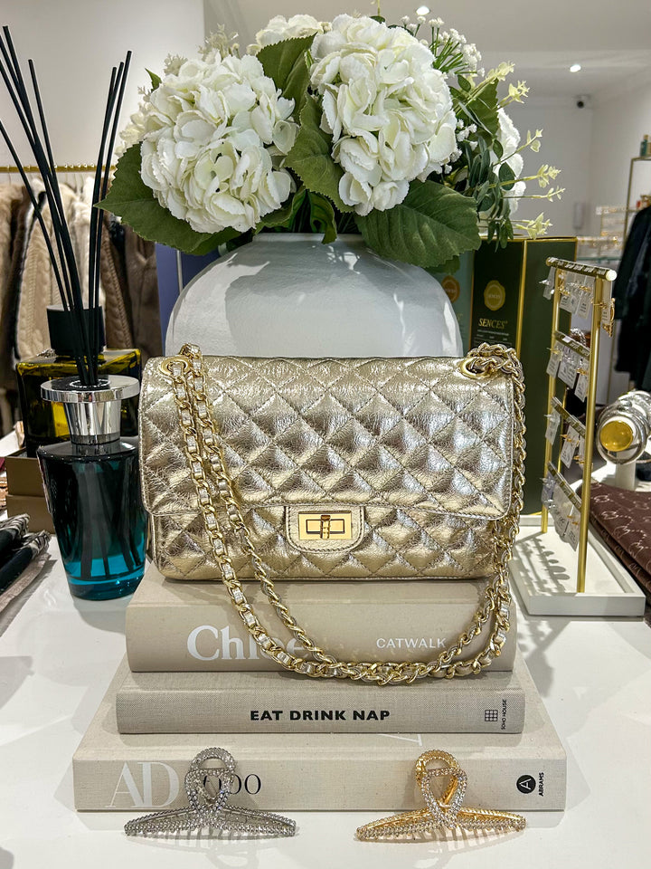 Large Genuine Leather Quilted Turn Lock Chain Handle Handbag (5 Colours)