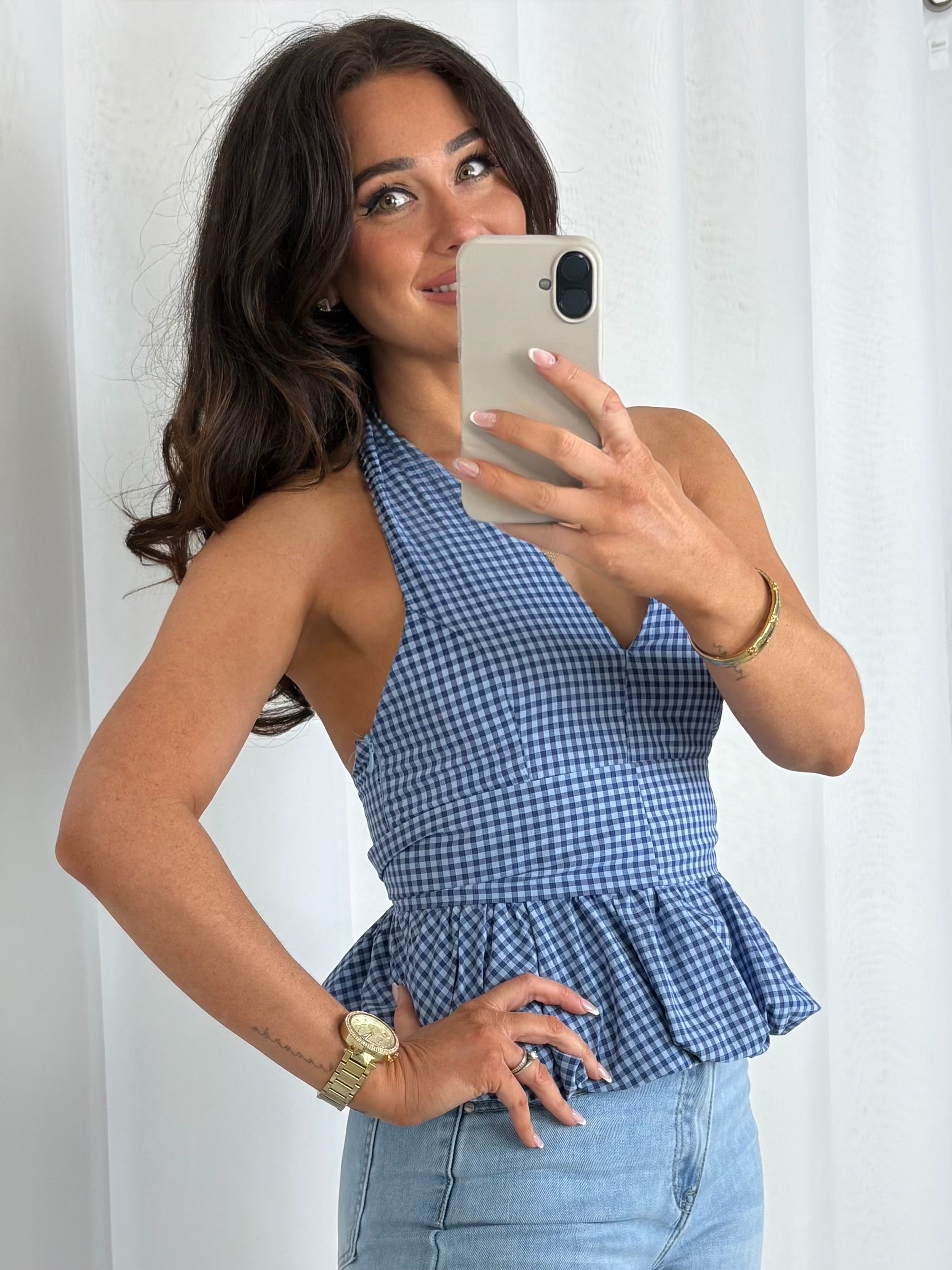Blue Checkered Halter Neck Peplum Backless Top With Belt – No