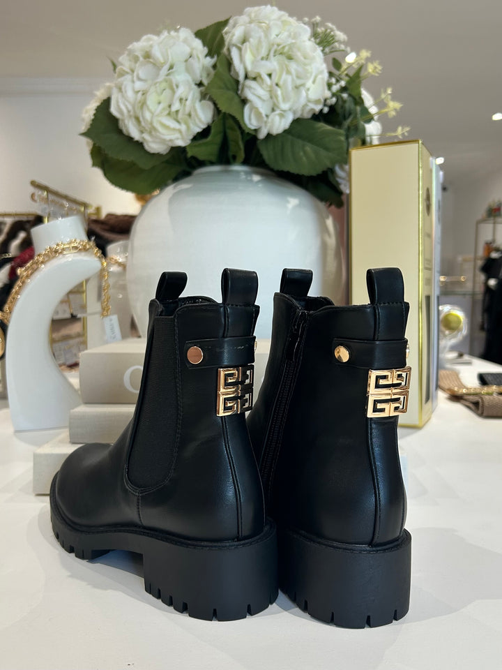 Black Chunky Faux Leather Gold Square Detail Buckle Back Ankle Boots