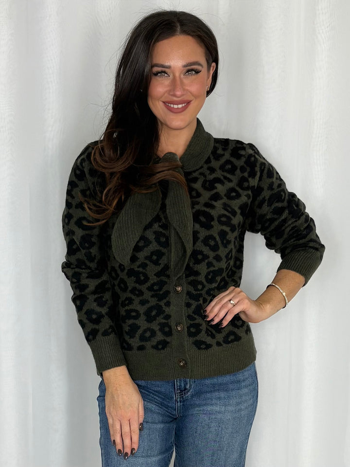 Leopard Print Tie Neck Button Cardigan (2 Colours)