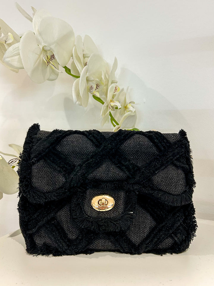 Raw Edge Gold Chain Turn Lock Canvas Handbag (2 Colours)