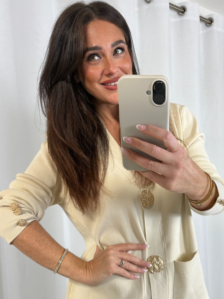 Large Gold Button Cardigan And Trouser Co-Ord (5 Colours)