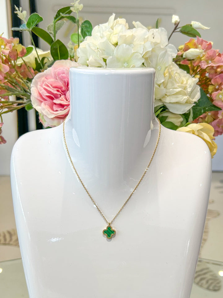 Gold Reversible Green And White Stripe Leaf Clover Necklace