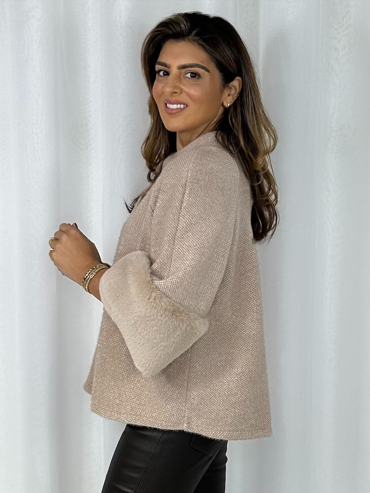 Textured Faux Fur Cuff Sleeve Cape Style Jacket (9 Colours)