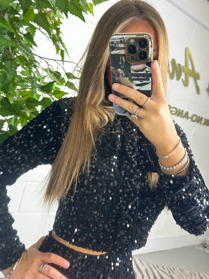 Velvet Sequin Puff Ball Skirt & Bow Up Top (3 Colours)