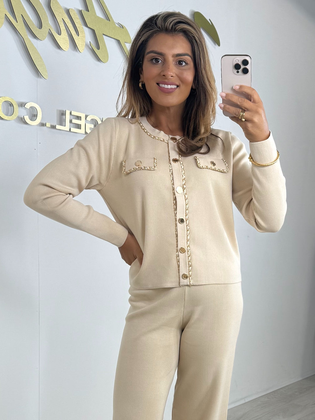 Beige Gold Chain & Button Detail Round Neck Trouser Co-ord