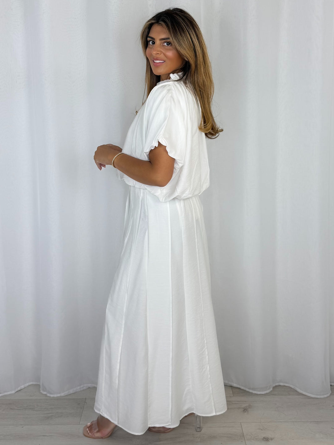 White Puff Ball Frill Detail Top And Skirt Co-Ord