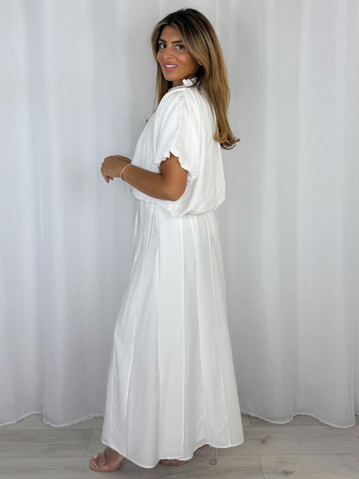 White Puff Ball Frill Detail Top And Skirt Co-Ord