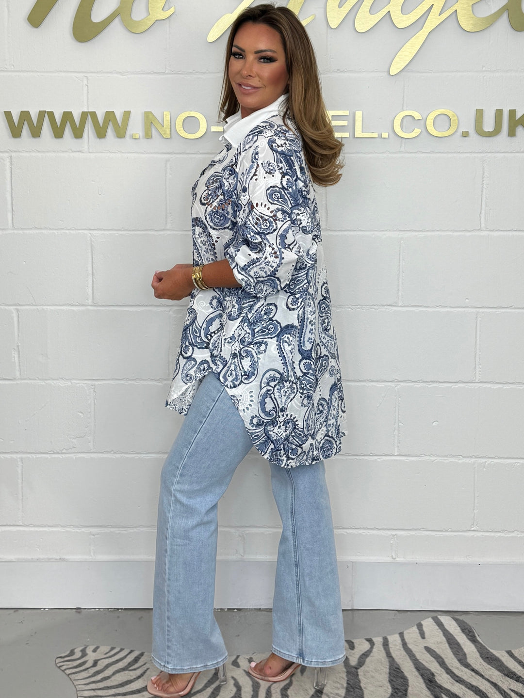 Blue And White Anglaise Embroidered Print Shirt 1143