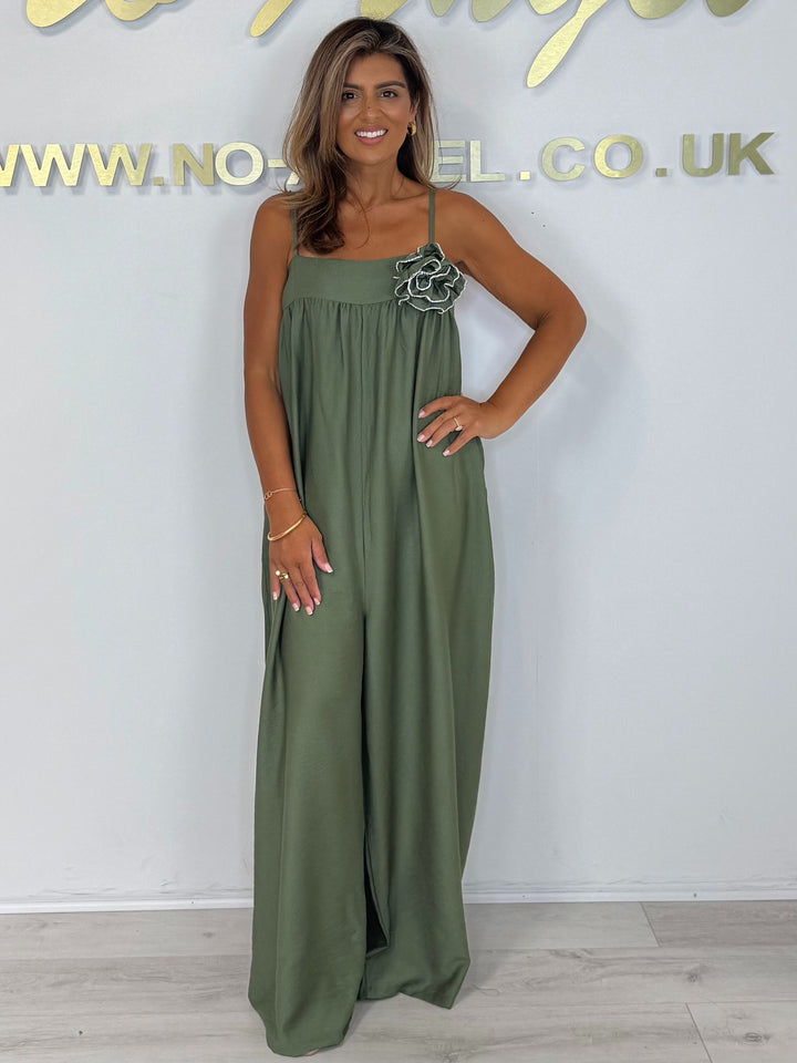 Oversized Spaghetti Strap Flower Broach Jumpsuit (3 Colours)