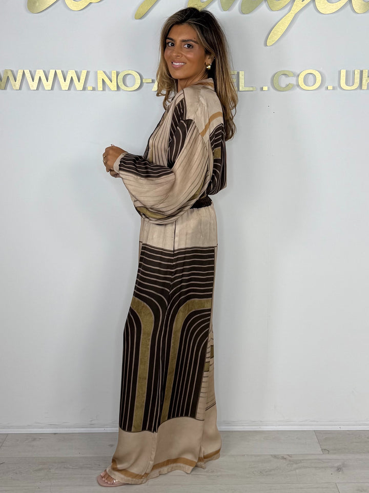 Block Stripe Print Satin Shirt & Trouser Co-Ord