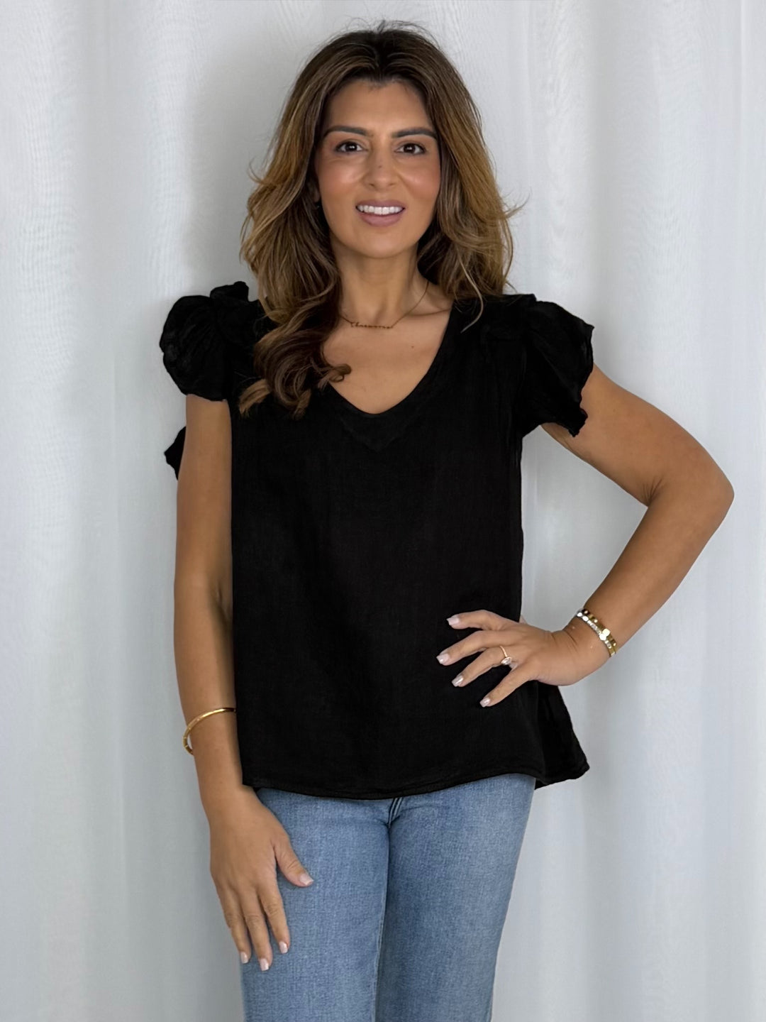 Linen V-Neck Frill Sleeve Top (8 Colours)