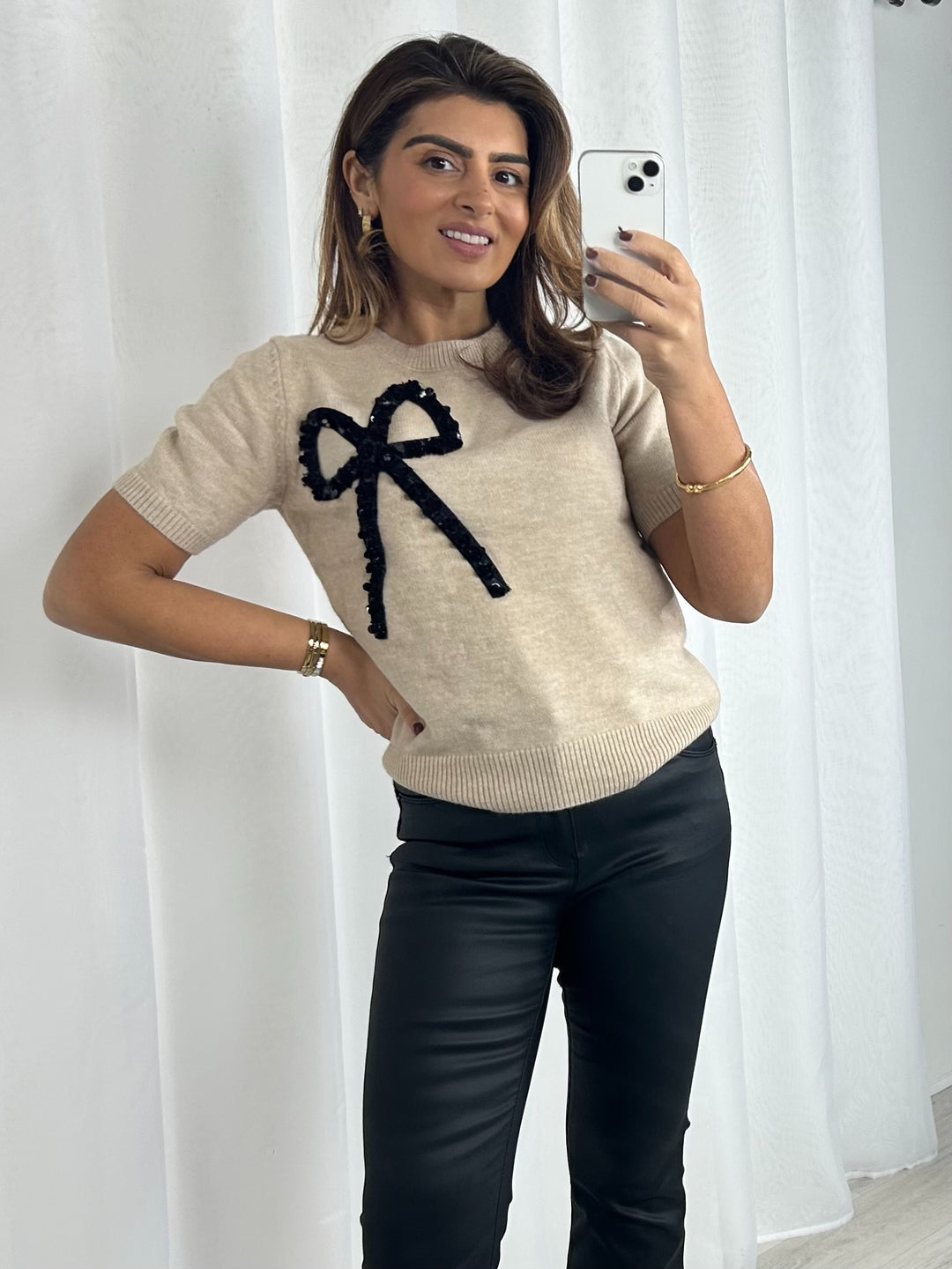 Soft Knit Short Sleeve Sequin Bow Jumper (4 Colours)