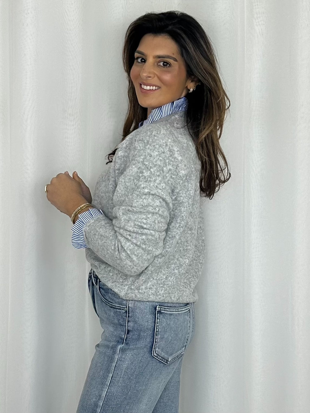 Pinstripe Frill Trim Fluffy Knit Jumper (2 Colours)