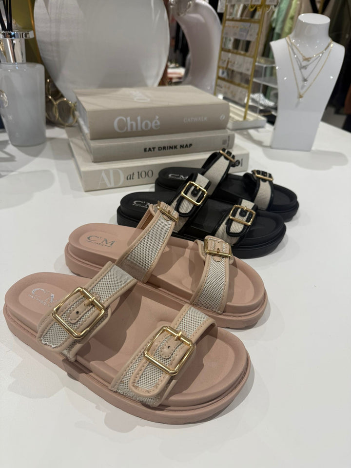 Double Buckle Contrast Woven Sandals (2 Colours)