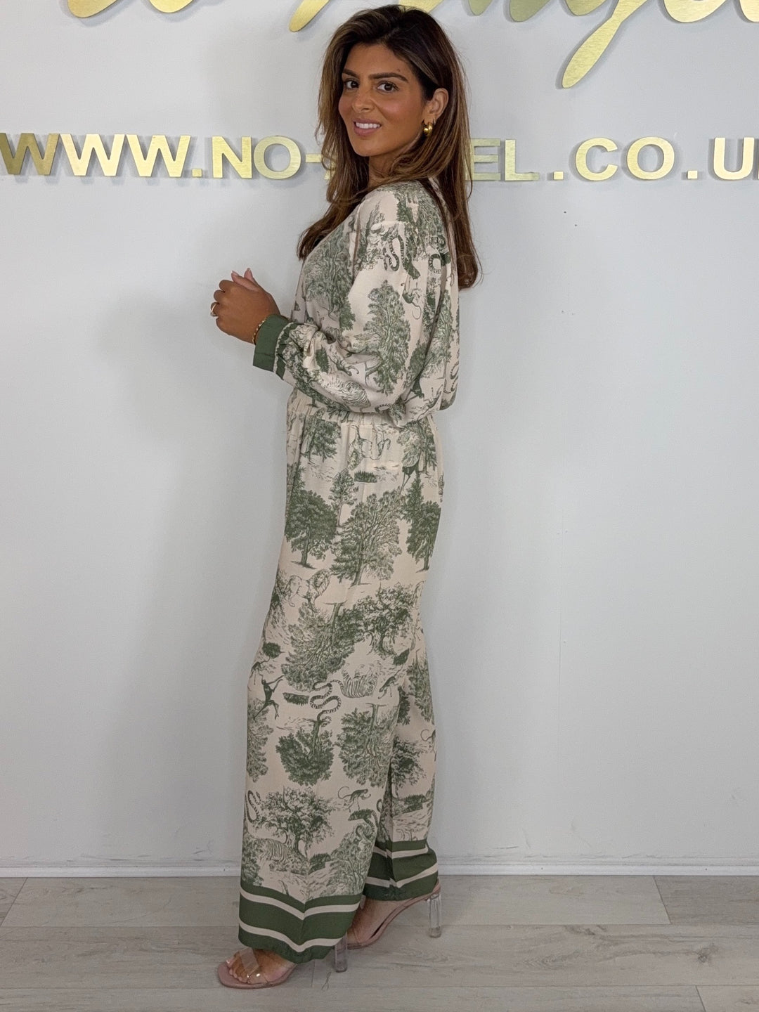 Sage Green Animals Print Grandad Collar Silky Trouser & Top Co-ord