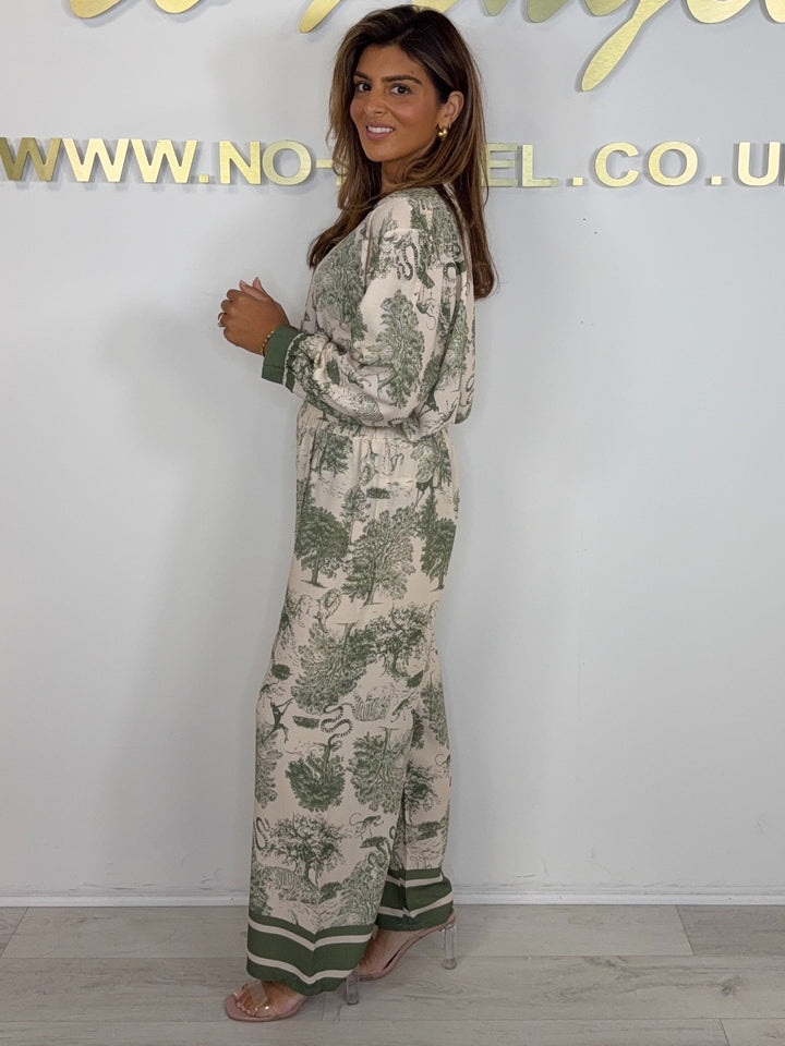 Sage Green Animals Print Grandad Collar Silky Trouser & Top Co-ord